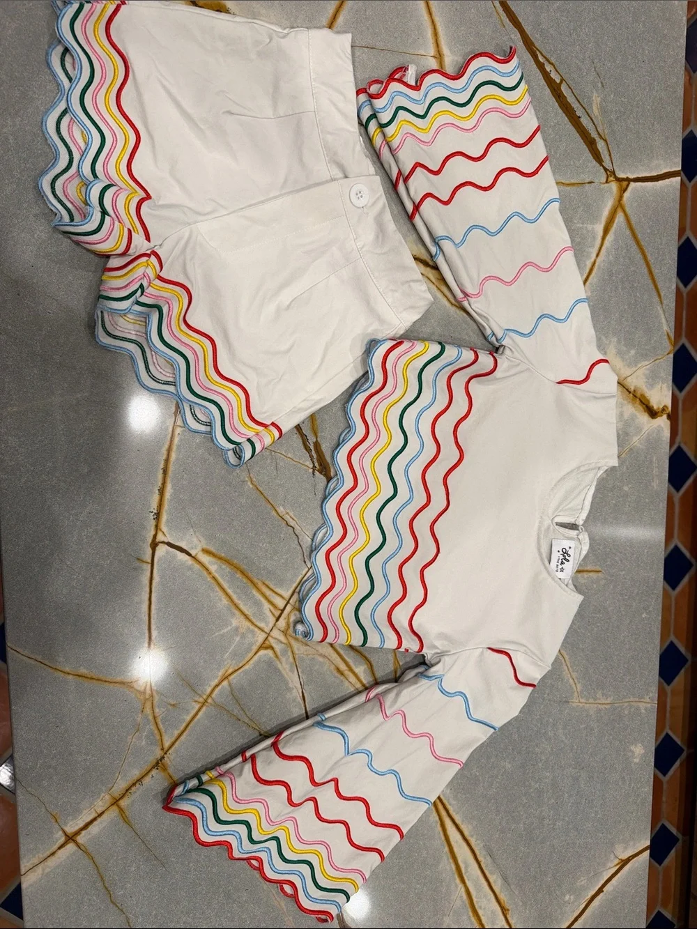 White Two-Piece Set with Rainbow Wavy Trim